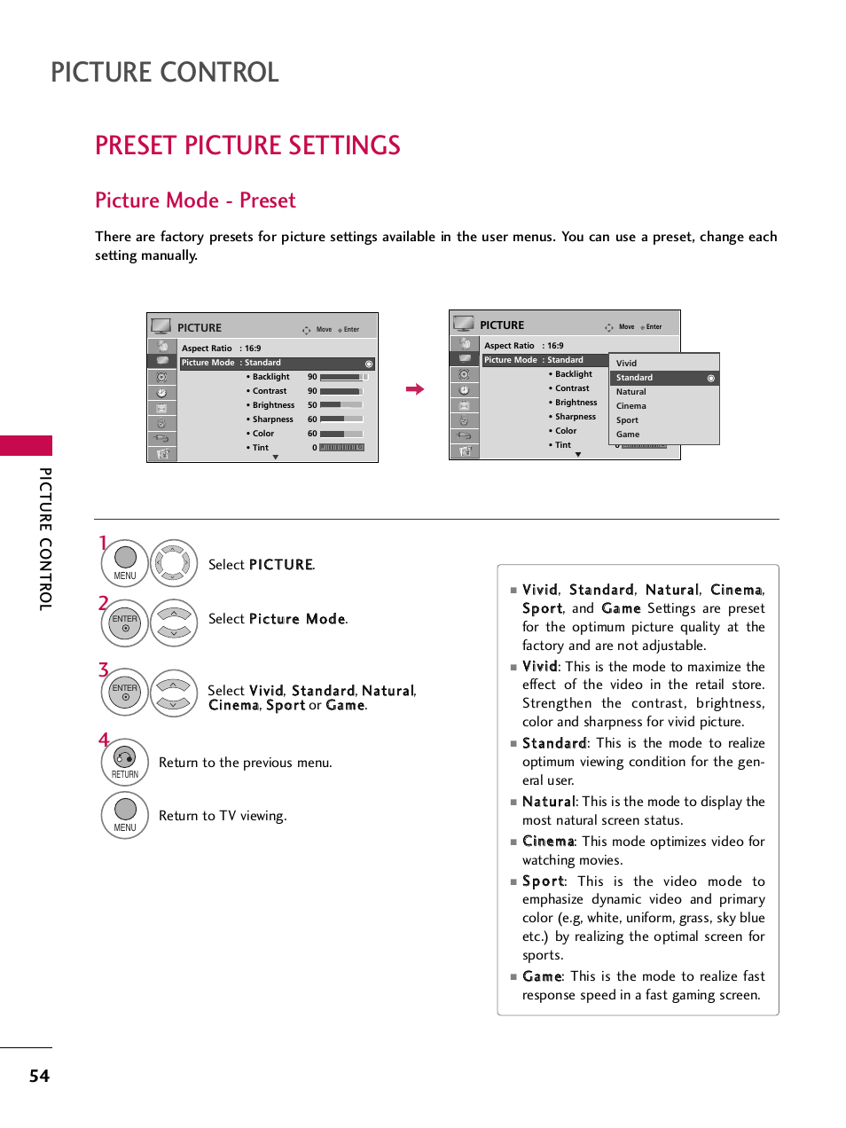 Preset picture settings, Picture mode - preset, Picture control | Picture contr ol | LG 32LH255H User Manual | Page 56 / 156