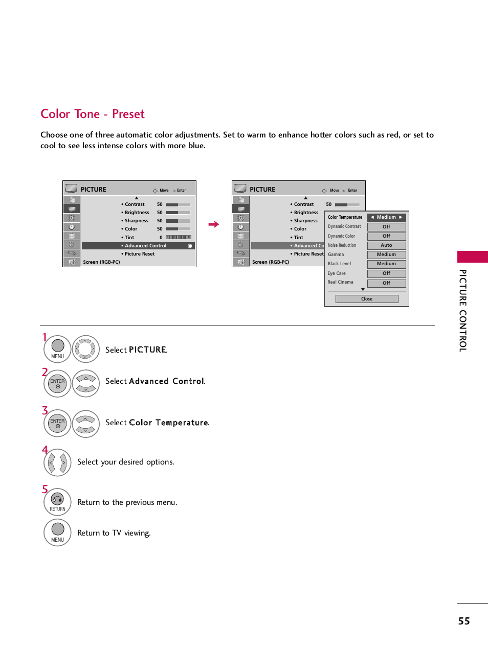 Color tone - preset, Picture contr ol, Select your desired options | Select a ad dvvaan ncceed d c co on nttrro oll, Return to the previous menu, Return to tv viewing | LG 32LH255H User Manual | Page 57 / 156