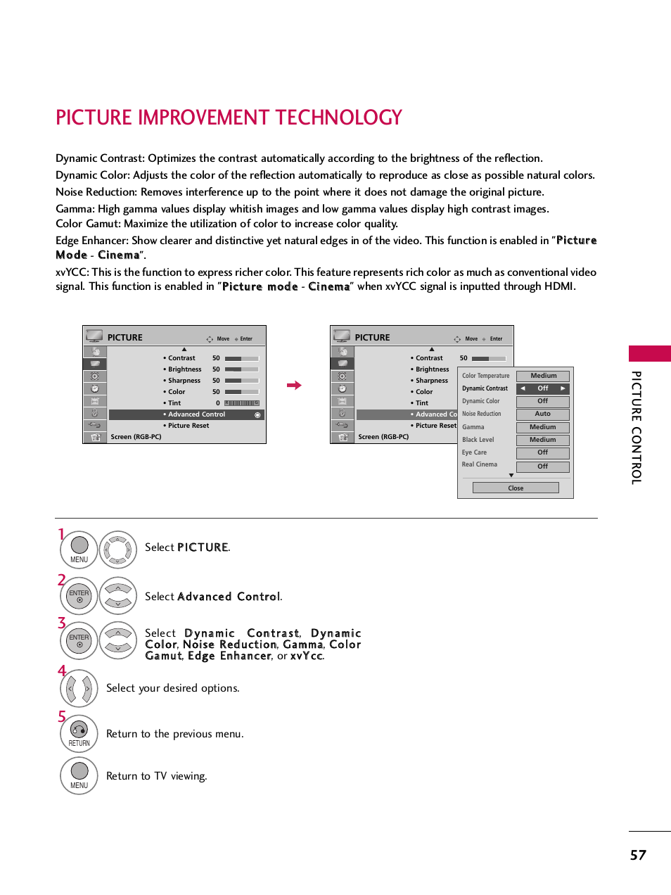 Picture improvement technology, Picture contr ol | LG 32LH255H User Manual | Page 59 / 156