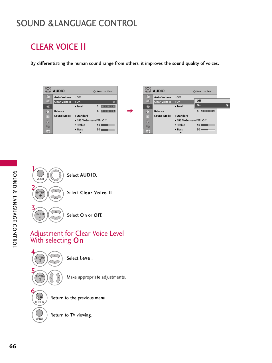 Clear voice i i, Adjustment for clear voice levelwith selecting on, Sound &language control | Clear voice ii ii, Sound & langu a ge contr ol | LG 32LH255H User Manual | Page 68 / 156