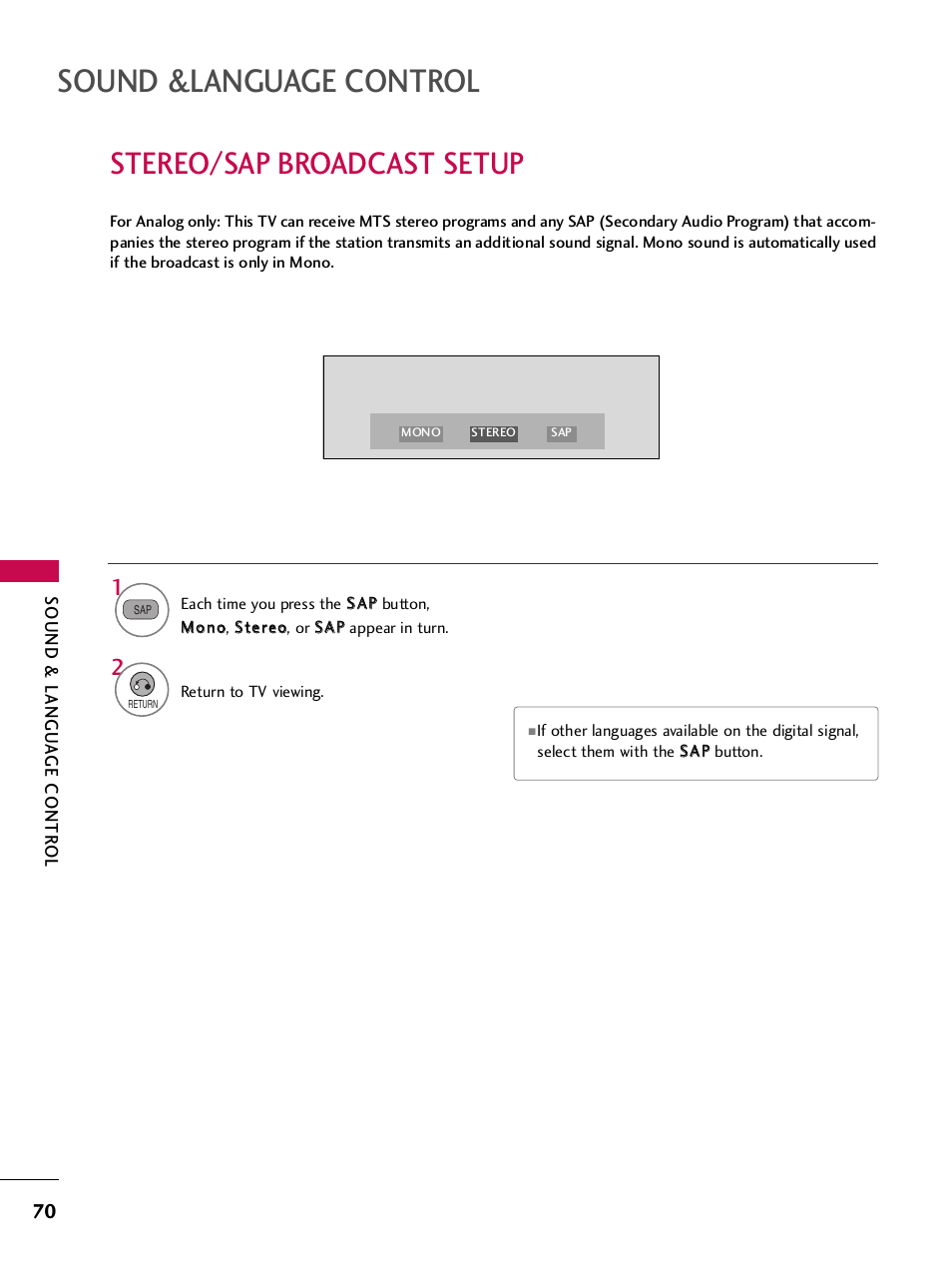 Stereo/sap broadcast setup, Sound &language control | LG 32LH255H User Manual | Page 72 / 156