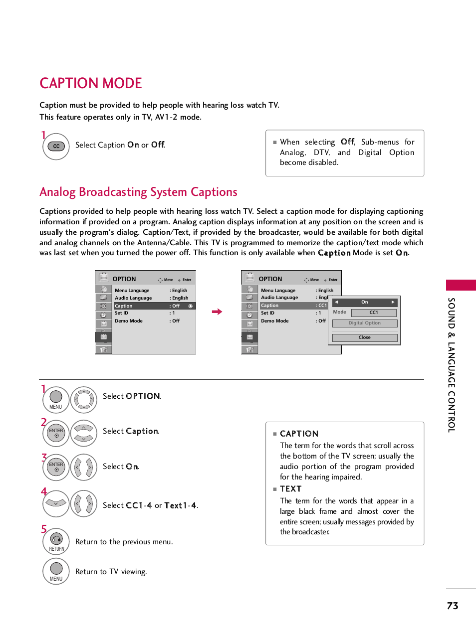 Caption mode, Analog broadcasting system captions, Sound & langu a ge contr ol | LG 32LH255H User Manual | Page 75 / 156