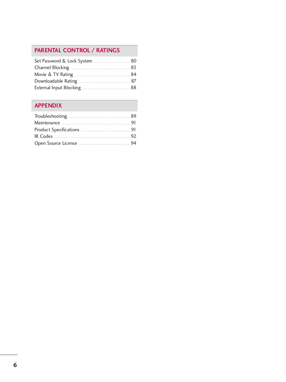 6parental control / ratings, Appendix | LG 32LH255H User Manual | Page 8 / 156