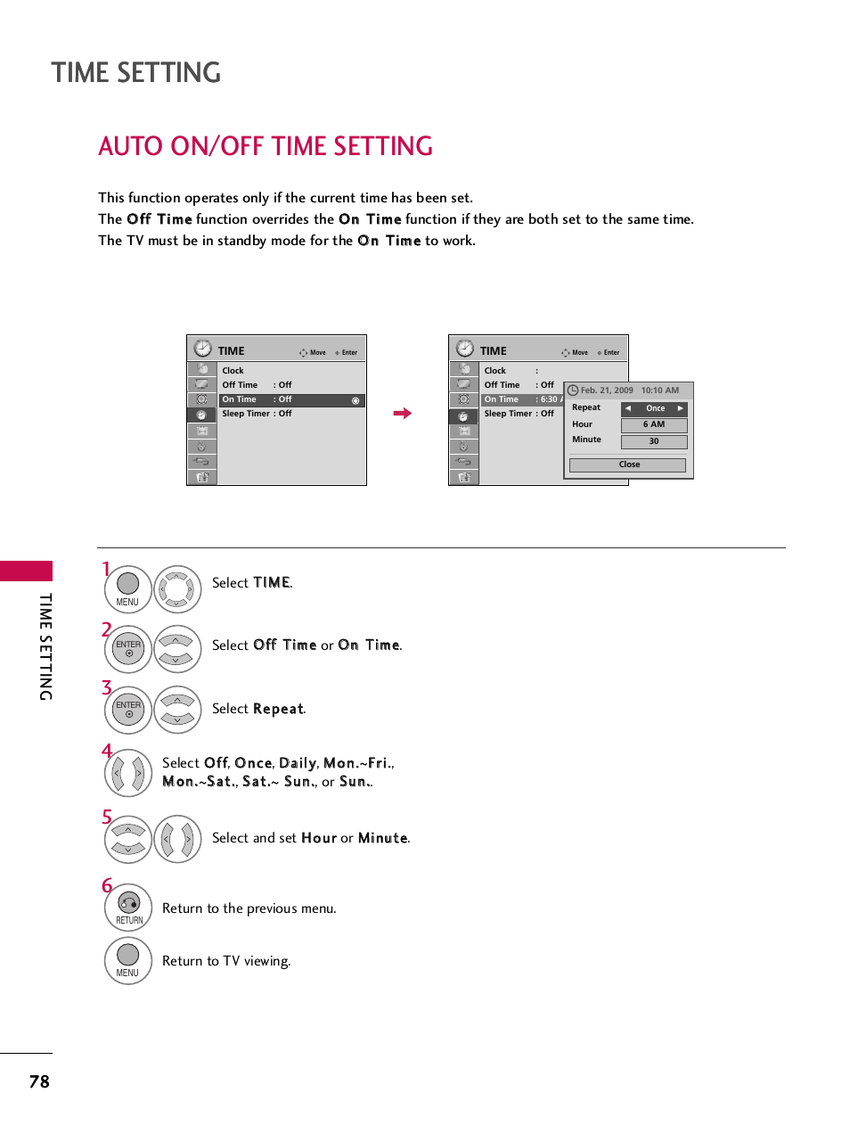 Auto on/off time setting, Time setting | LG 32LH255H User Manual | Page 80 / 156