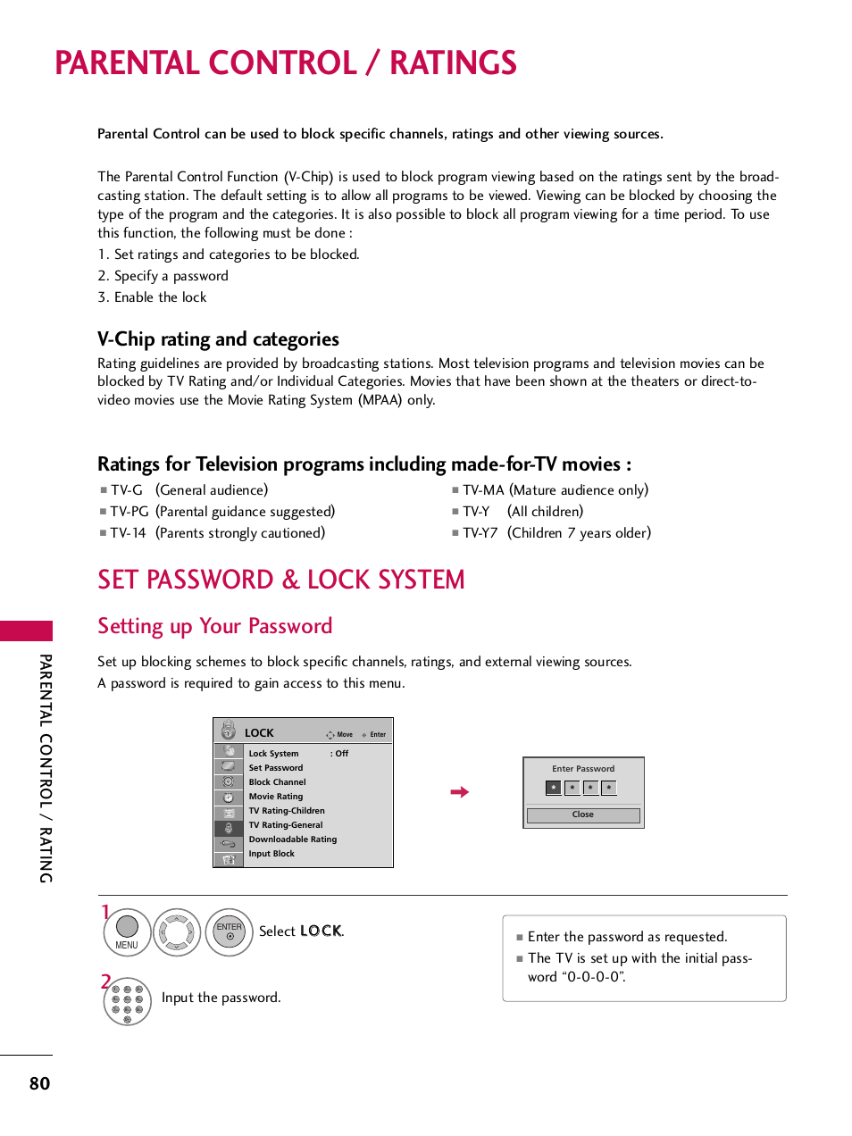 Parental control / ratings, Set password & lock system, Setting up your password | V-chip rating and categories, Parent al contr ol / r a ting | LG 32LH255H User Manual | Page 82 / 156