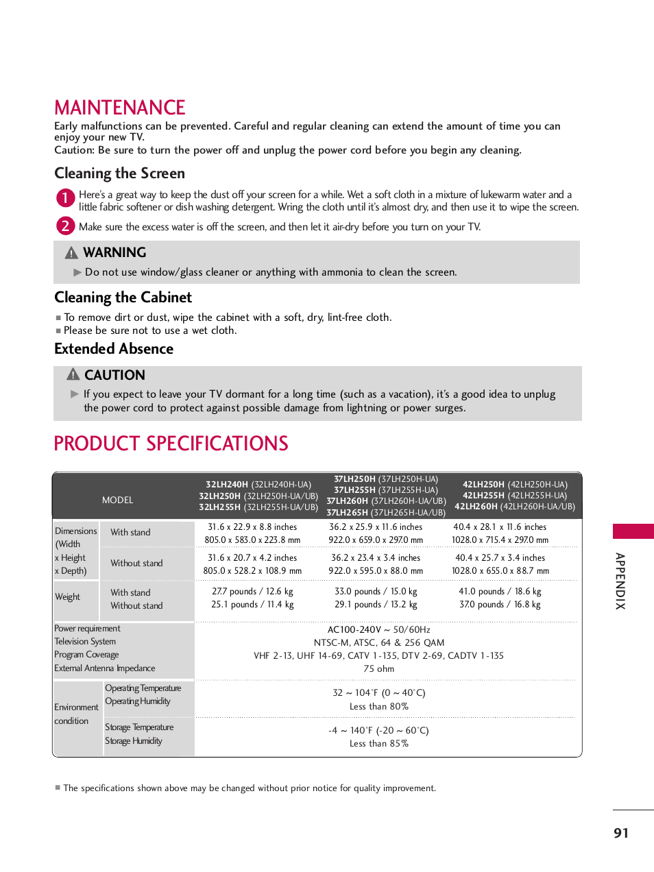 Maintenance, Product specifications, Cleaning the screen | Cleaning the cabinet, Extended absence, Caution, Warning, Appendix | LG 32LH255H User Manual | Page 93 / 156