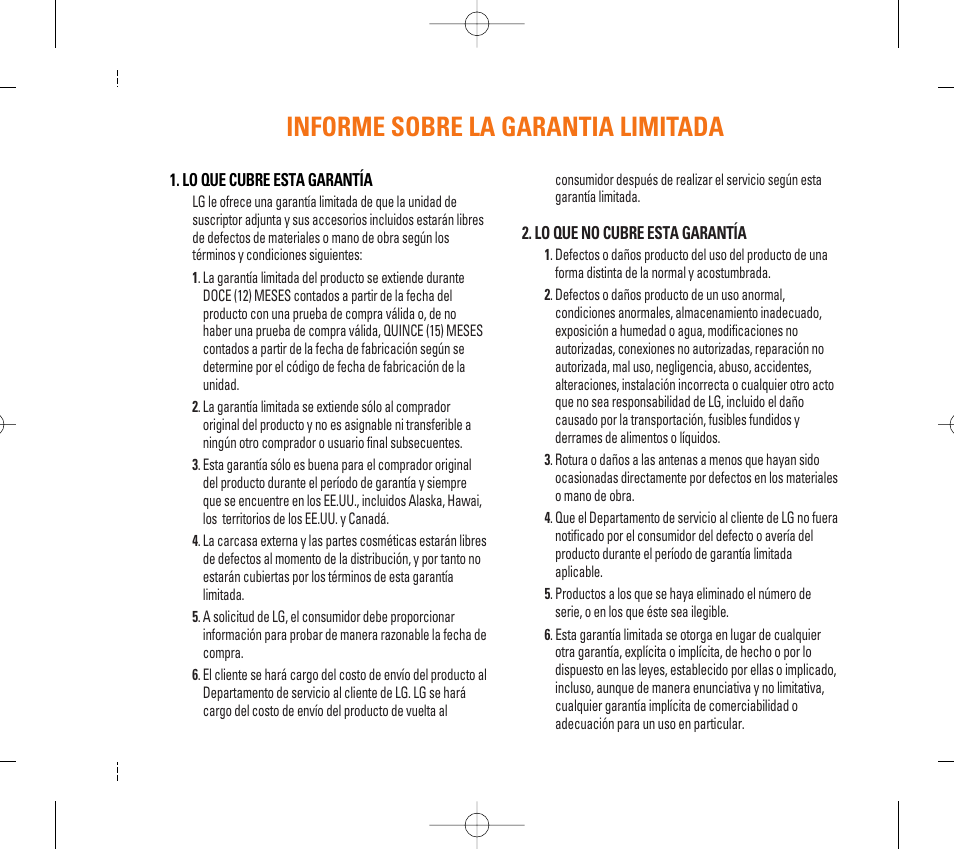 Informe sobre la garantia limitada | LG CG300 User Manual | Page 105 / 214