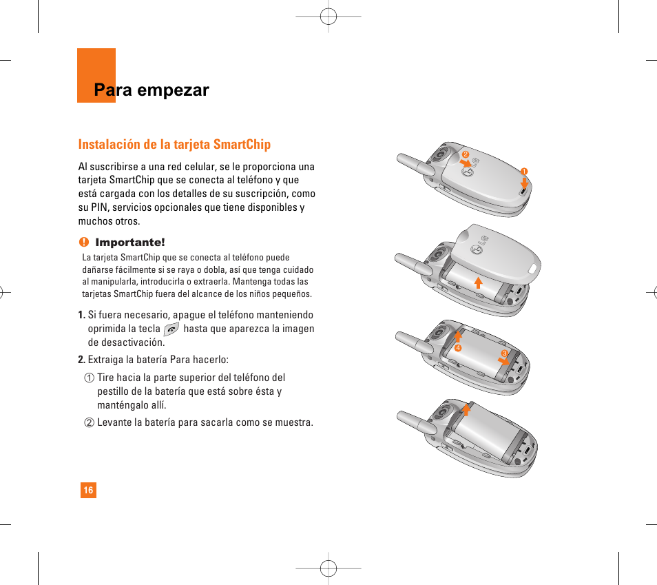 Para empezar, Instalación de la tarjeta smartchip | LG CG300 User Manual | Page 122 / 214