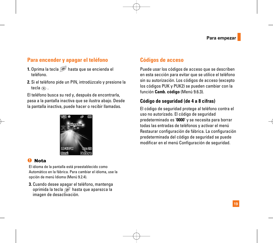 Para encender y apagar el teléfono, Códigos de acceso | LG CG300 User Manual | Page 125 / 214