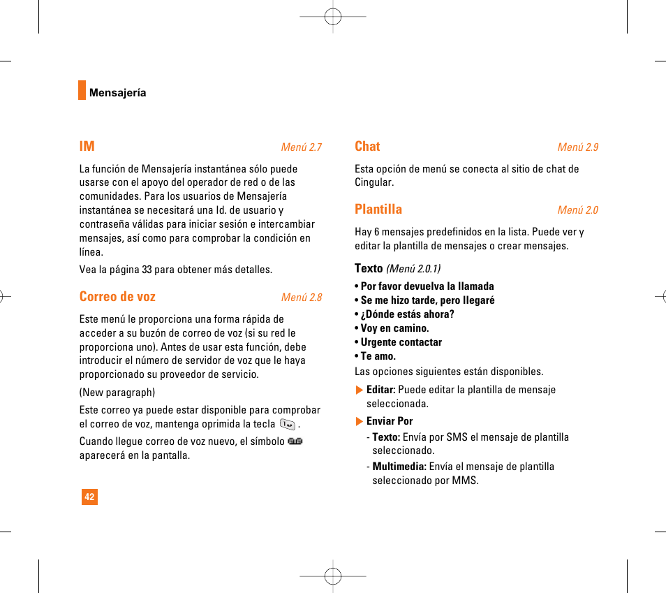Correo de voz, Chat, Plantilla | LG CG300 User Manual | Page 148 / 214