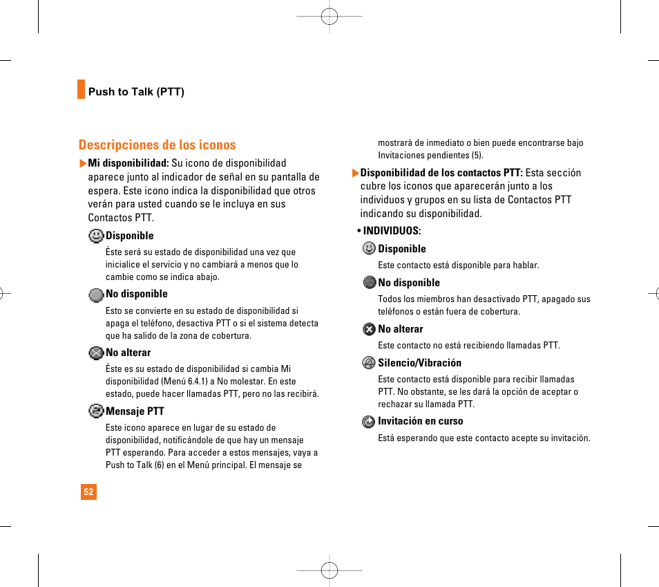 Descripciones de los iconos | LG CG300 User Manual | Page 158 / 214