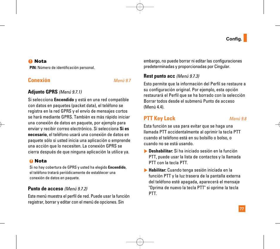 Conexión, Ptt key lock | LG CG300 User Manual | Page 183 / 214