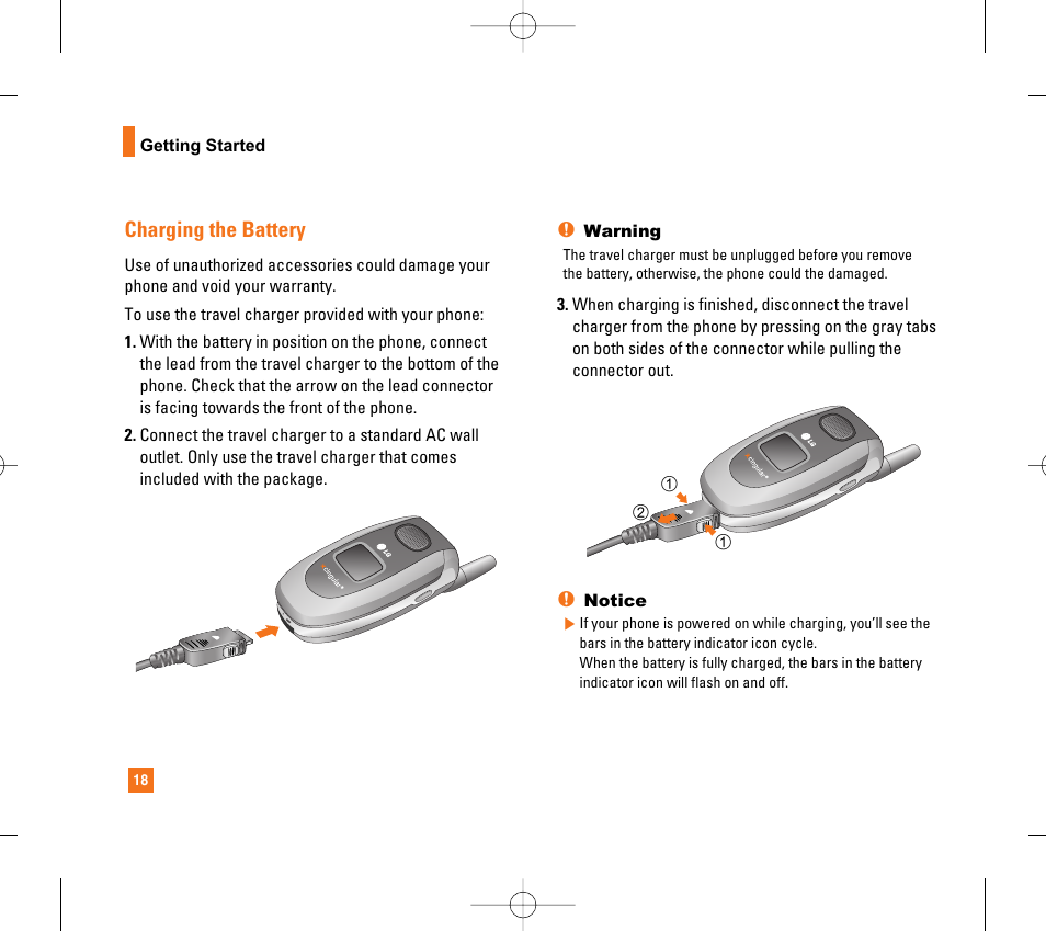 Charging the battery | LG CG300 User Manual | Page 22 / 214