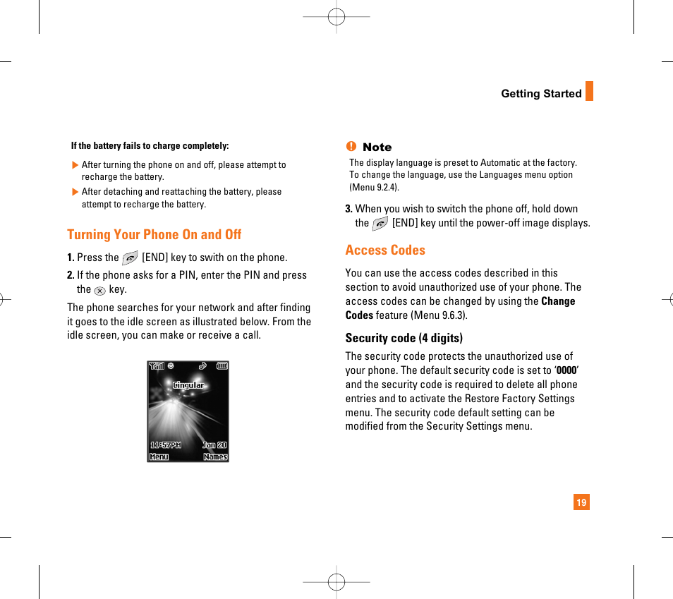 Turning your phone on and off, Access codes | LG CG300 User Manual | Page 23 / 214