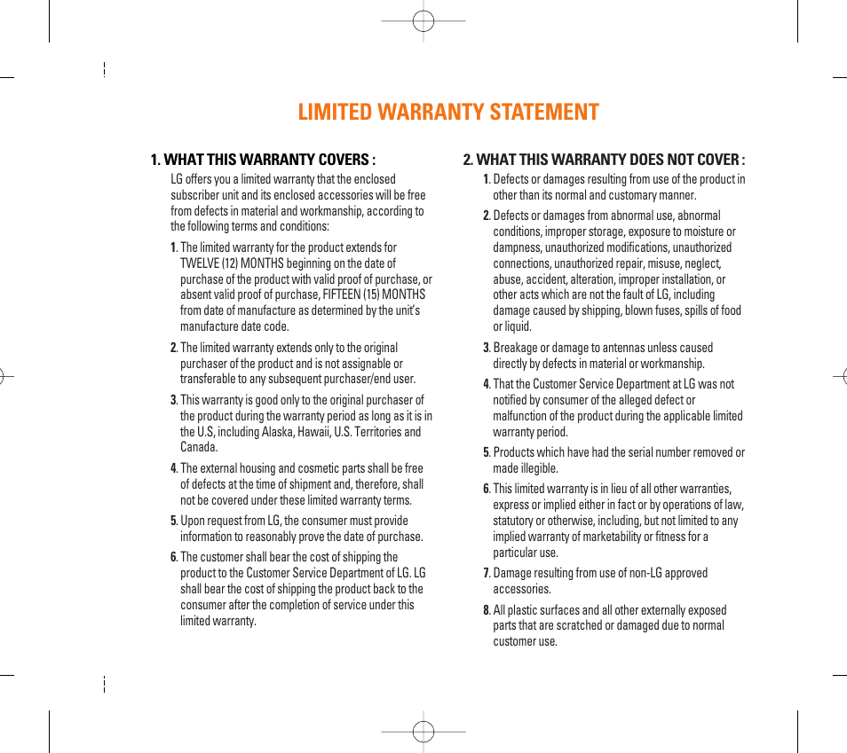 Limited warranty statement | LG CG300 User Manual | Page 3 / 214