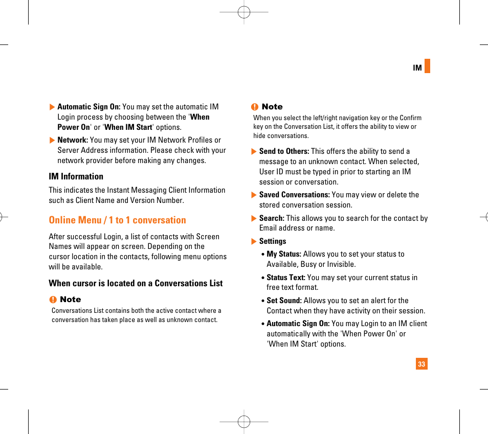 Online menu / 1 to 1 conversation | LG CG300 User Manual | Page 37 / 214