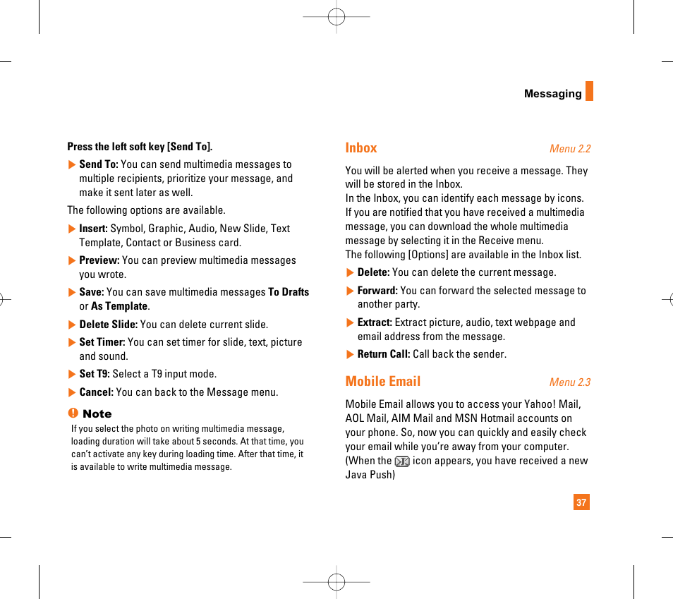 Inbox, Mobile email | LG CG300 User Manual | Page 41 / 214