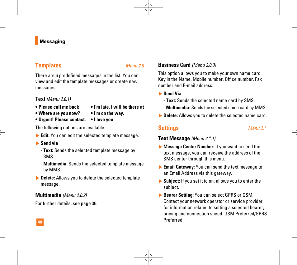 Templates, Settings | LG CG300 User Manual | Page 44 / 214