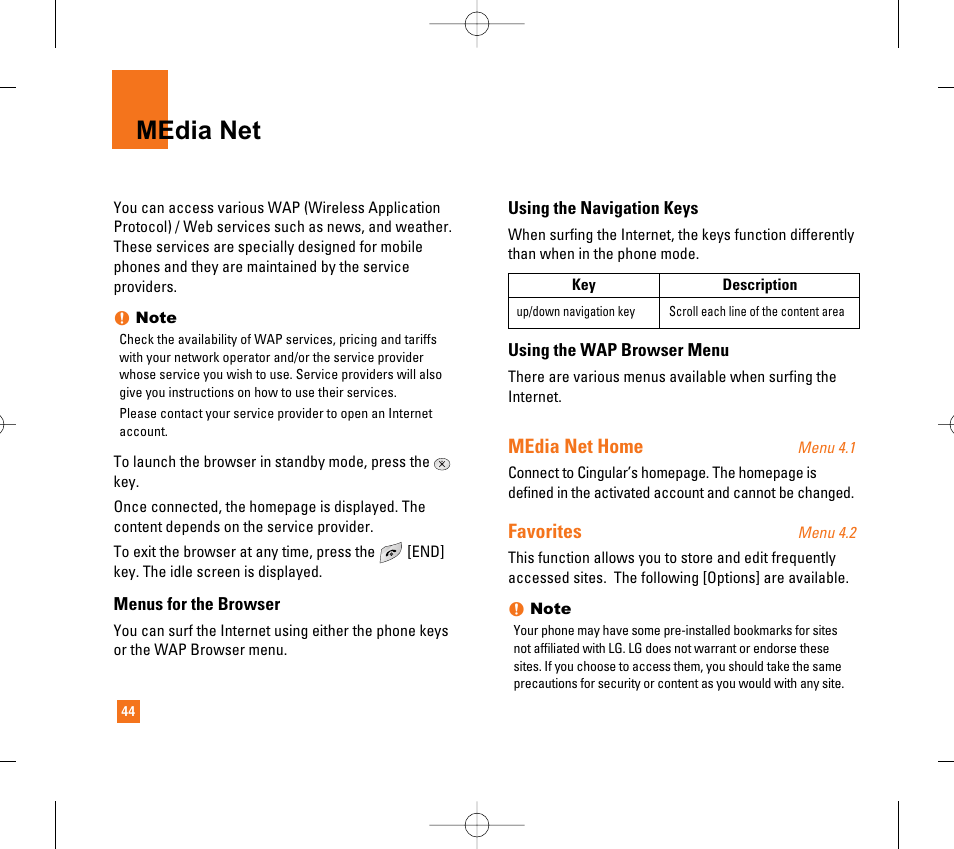 Media net, Media net home, Favorites | LG CG300 User Manual | Page 48 / 214