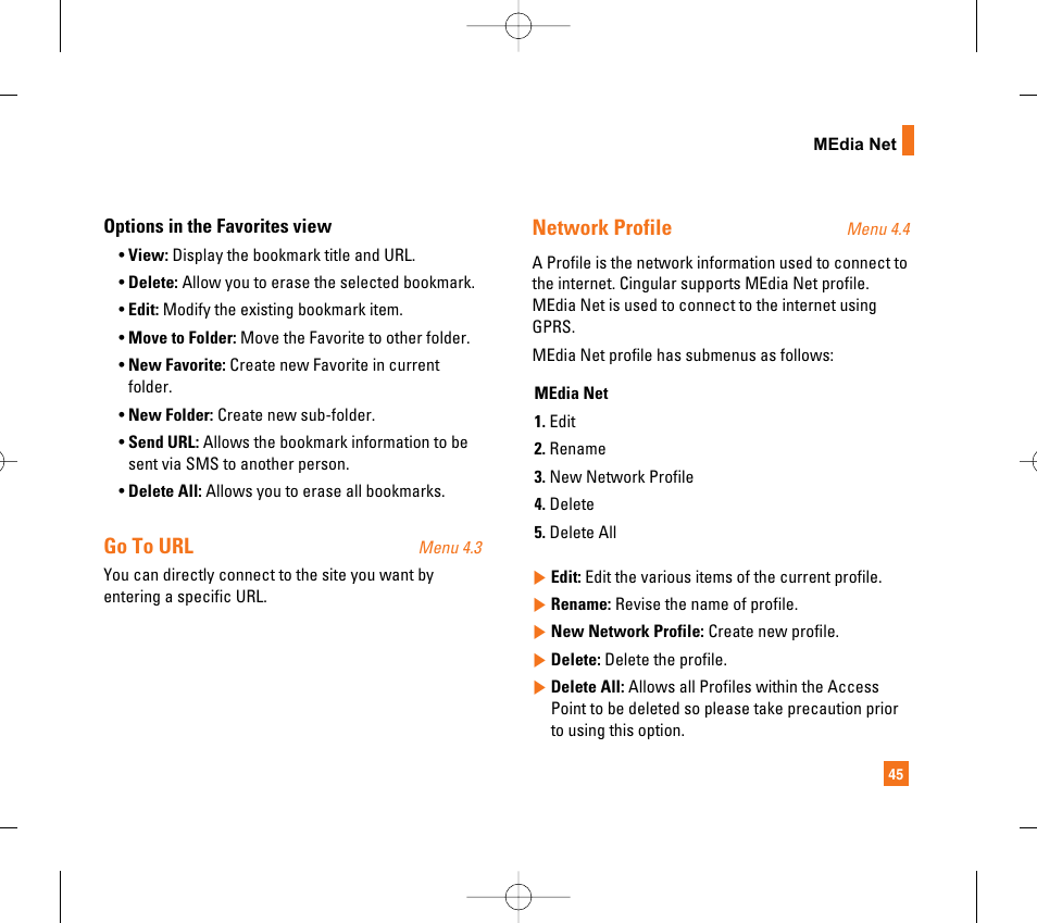 Go to url, Network profile | LG CG300 User Manual | Page 49 / 214