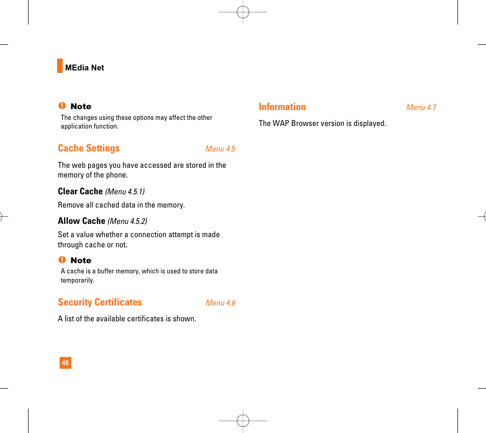 Cache settings, Security certificates, Information | LG CG300 User Manual | Page 50 / 214