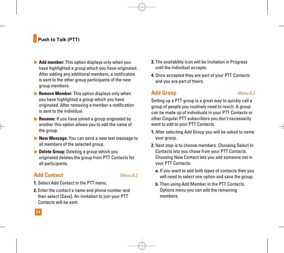 Add contact, Add group | LG CG300 User Manual | Page 58 / 214