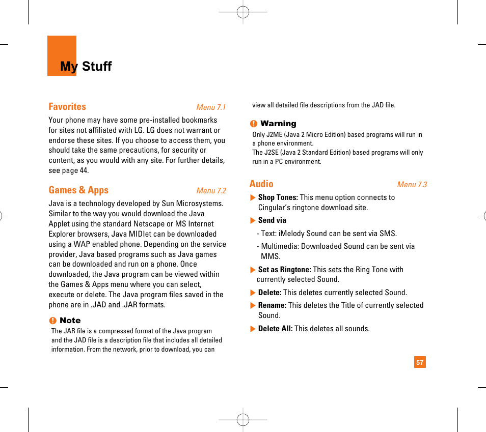 My stuff, Favorites, Games & apps | Audio | LG CG300 User Manual | Page 61 / 214