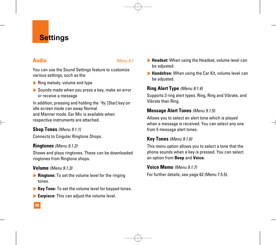 Settings | LG CG300 User Manual | Page 72 / 214