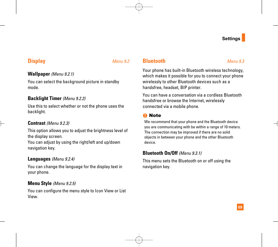 Display, Bluetooth | LG CG300 User Manual | Page 73 / 214