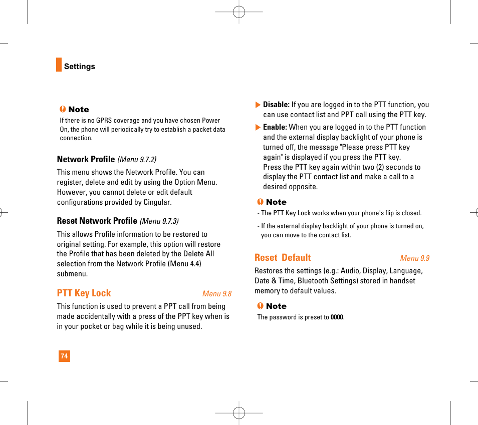 Ptt key lock, Reset default | LG CG300 User Manual | Page 78 / 214