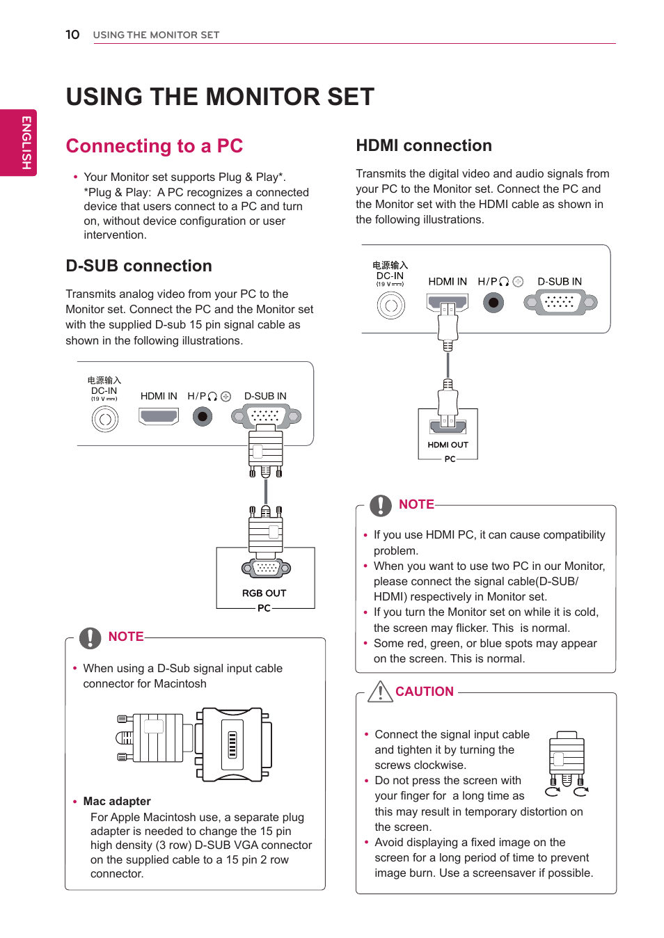 Using the monitor set, Connecting to a pc, D-sub connection | Hdmi connection, 10 connecting to a pc 10 | LG 22MP56HQ-P User Manual | Page 10 / 29