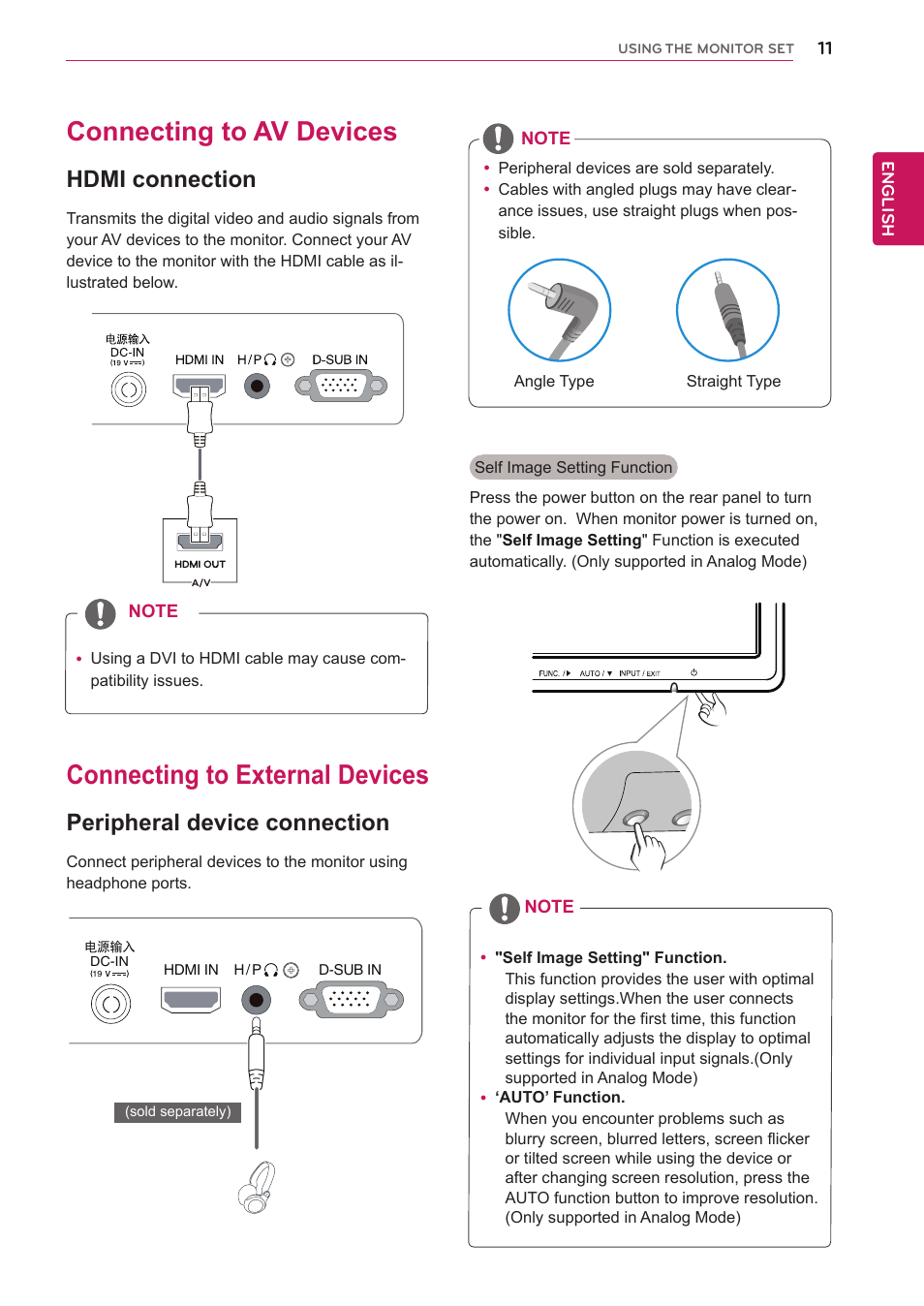 Connecting to av devices, Hdmi connection, Connecting to external devices | Peripheral device connection | LG 22MP56HQ-P User Manual | Page 11 / 29
