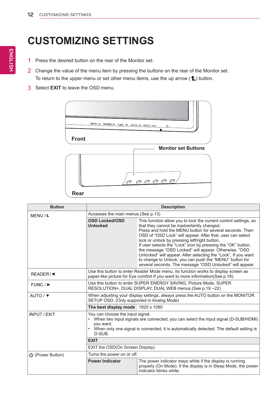 Customizing settings | LG 22MP56HQ-P User Manual | Page 12 / 29
