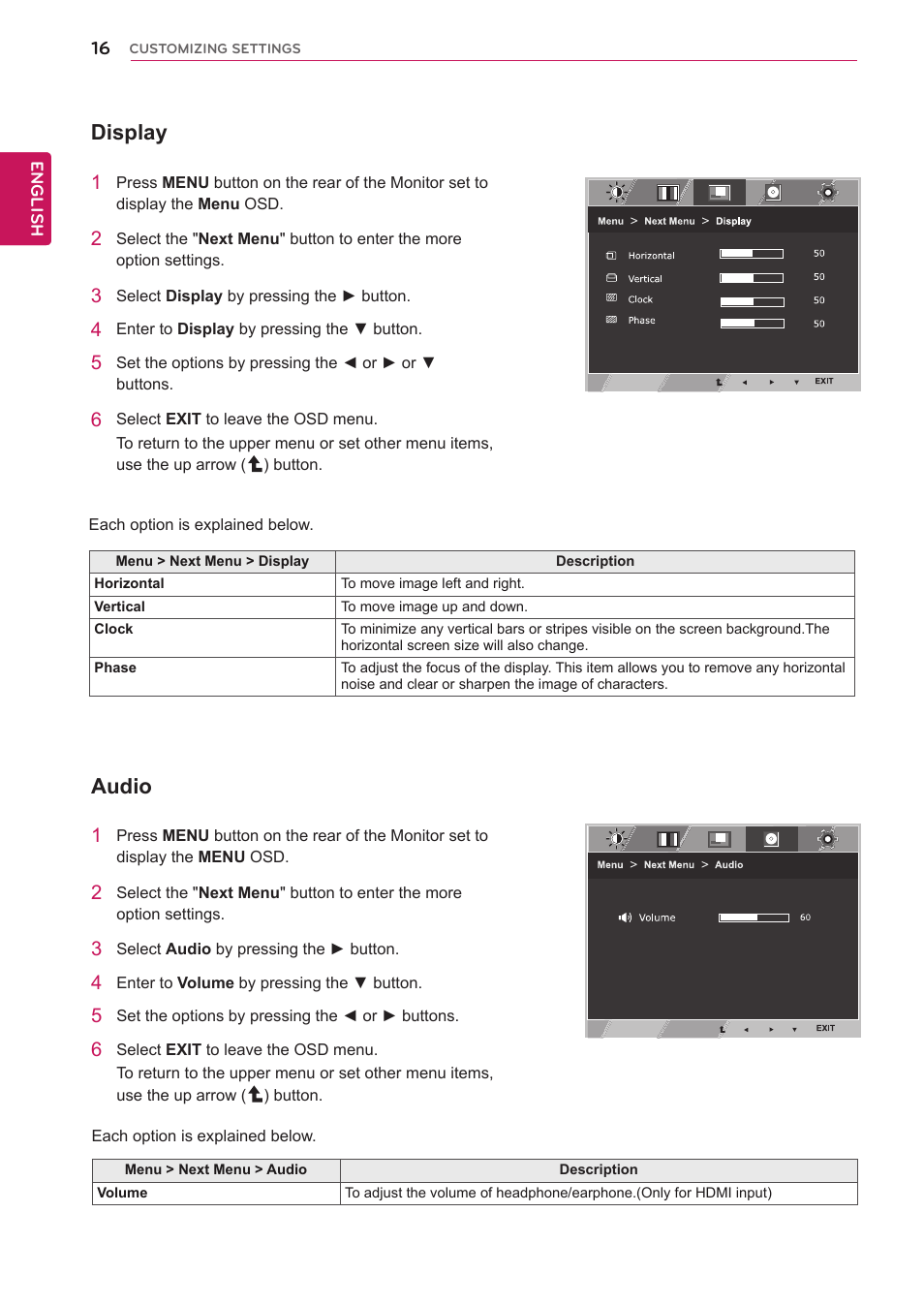 Display, Audio | LG 22MP56HQ-P User Manual | Page 16 / 29