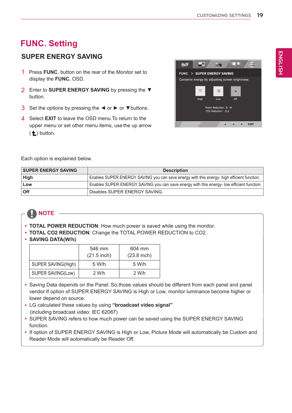 Func. setting, Super energy saving, 19 func. setting 19 | LG 22MP56HQ-P User Manual | Page 19 / 29
