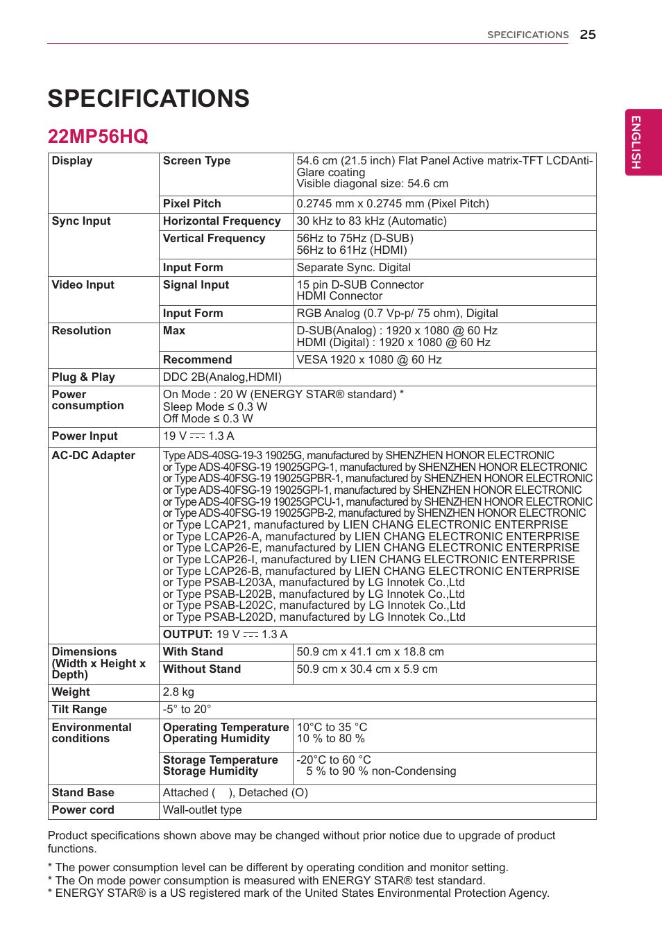 Specifications, 22mp56hq, 25 22mp56hq | LG 22MP56HQ-P User Manual | Page 25 / 29