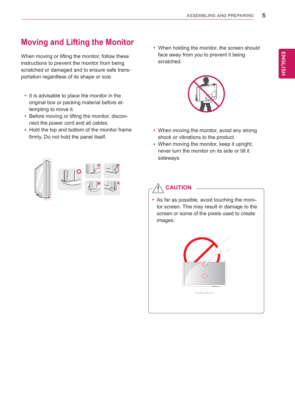 Moving and lifting the monitor | LG 22MP56HQ-P User Manual | Page 5 / 29