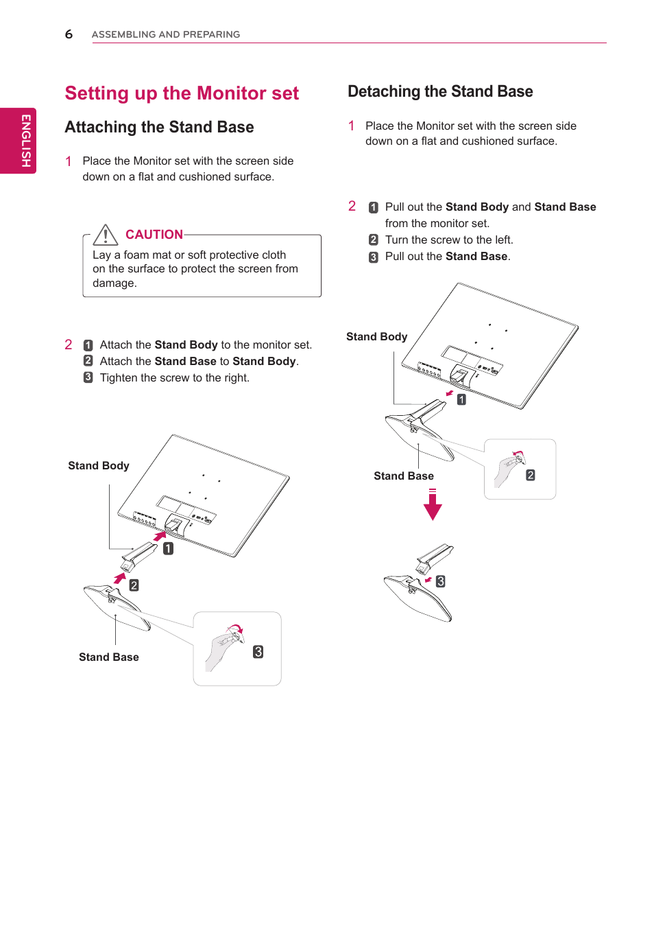 Setting up the monitor set, Attaching the stand base, Detaching the stand base | LG 22MP56HQ-P User Manual | Page 6 / 29