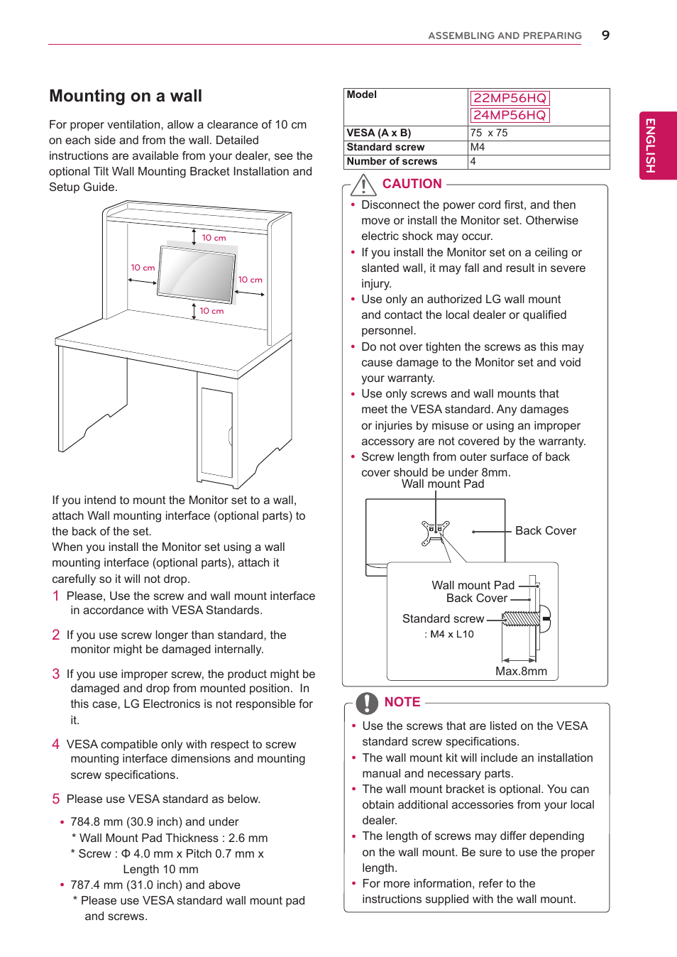 Mounting on a wall | LG 22MP56HQ-P User Manual | Page 9 / 29