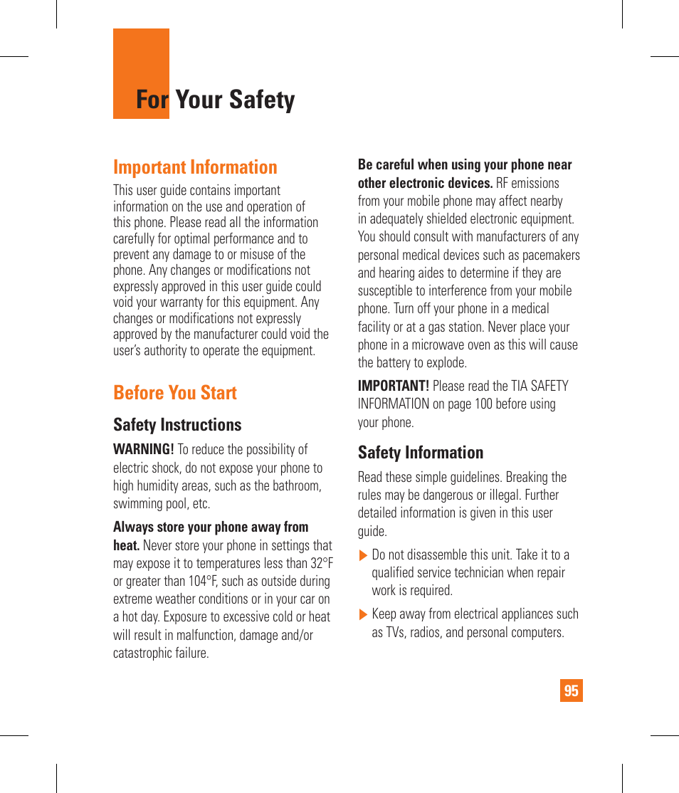 For your safety, Important information, Before you start | LG GS390GO User Manual | Page 100 / 129