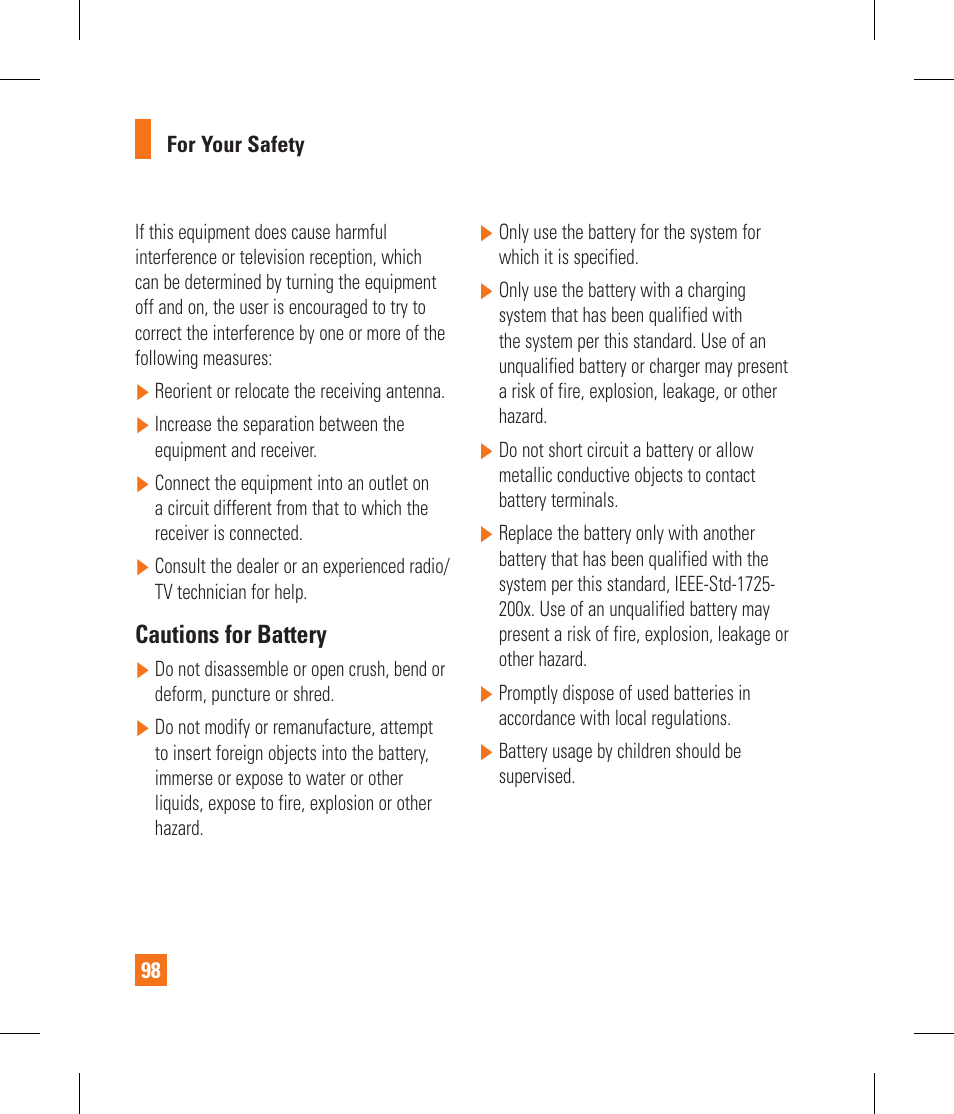 Cautions for battery | LG GS390GO User Manual | Page 103 / 129