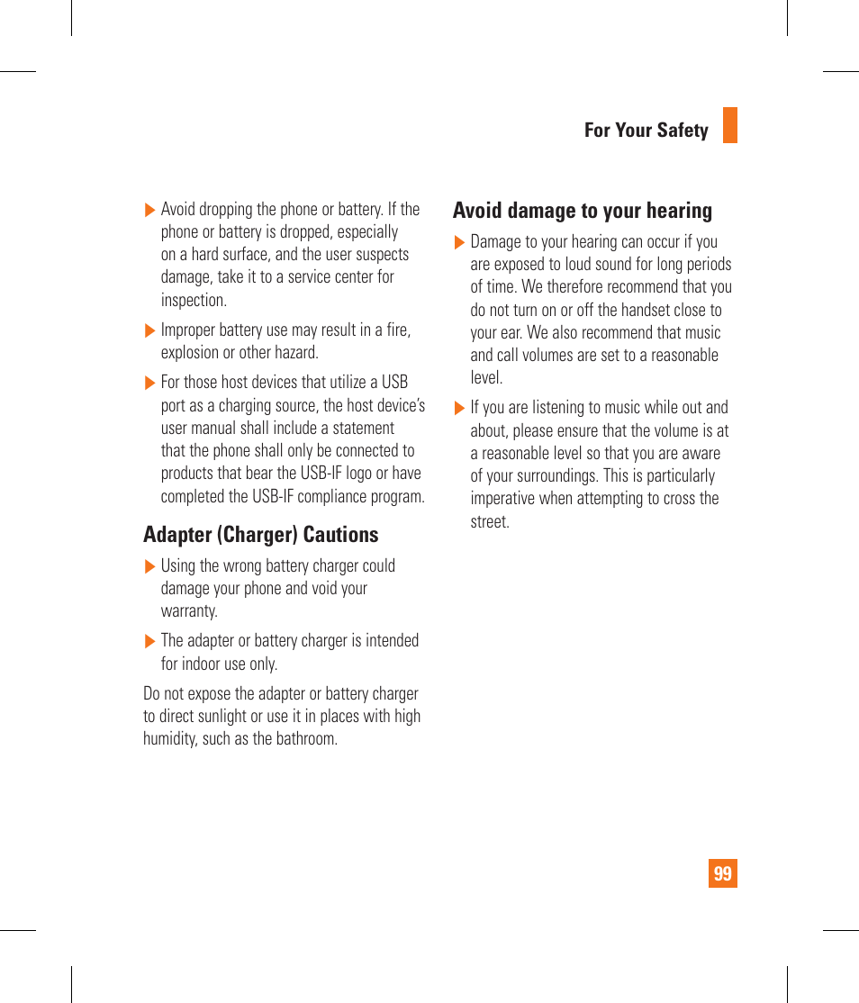 Adapter (charger) cautions, Avoid damage to your hearing | LG GS390GO User Manual | Page 104 / 129