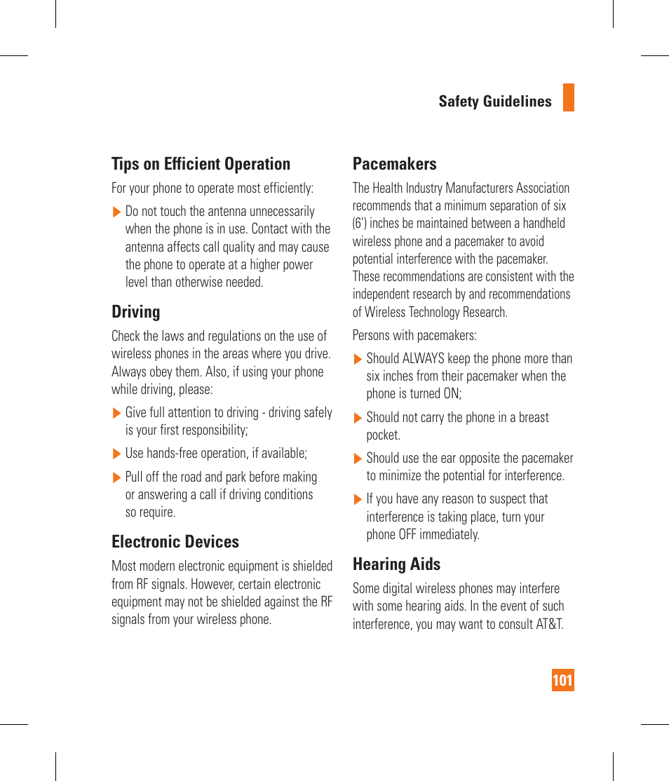 Tips on efficient operation, Driving, Electronic devices | Pacemakers, Hearing aids | LG GS390GO User Manual | Page 106 / 129