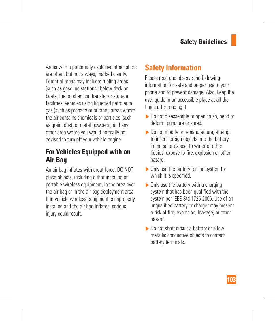 Safety information, For vehicles equipped with an air bag | LG GS390GO User Manual | Page 108 / 129