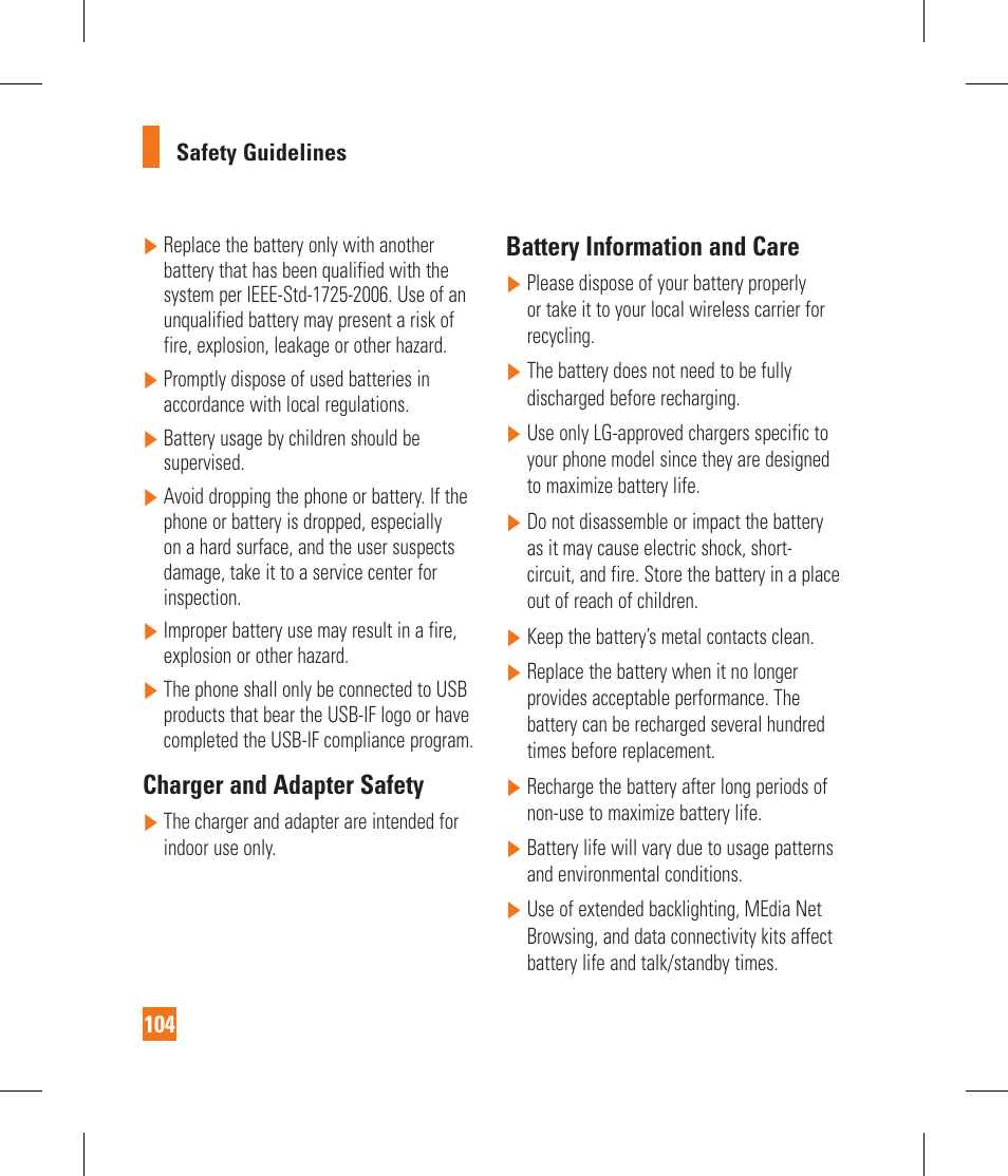 Charger and adapter safety, Battery information and care | LG GS390GO User Manual | Page 109 / 129