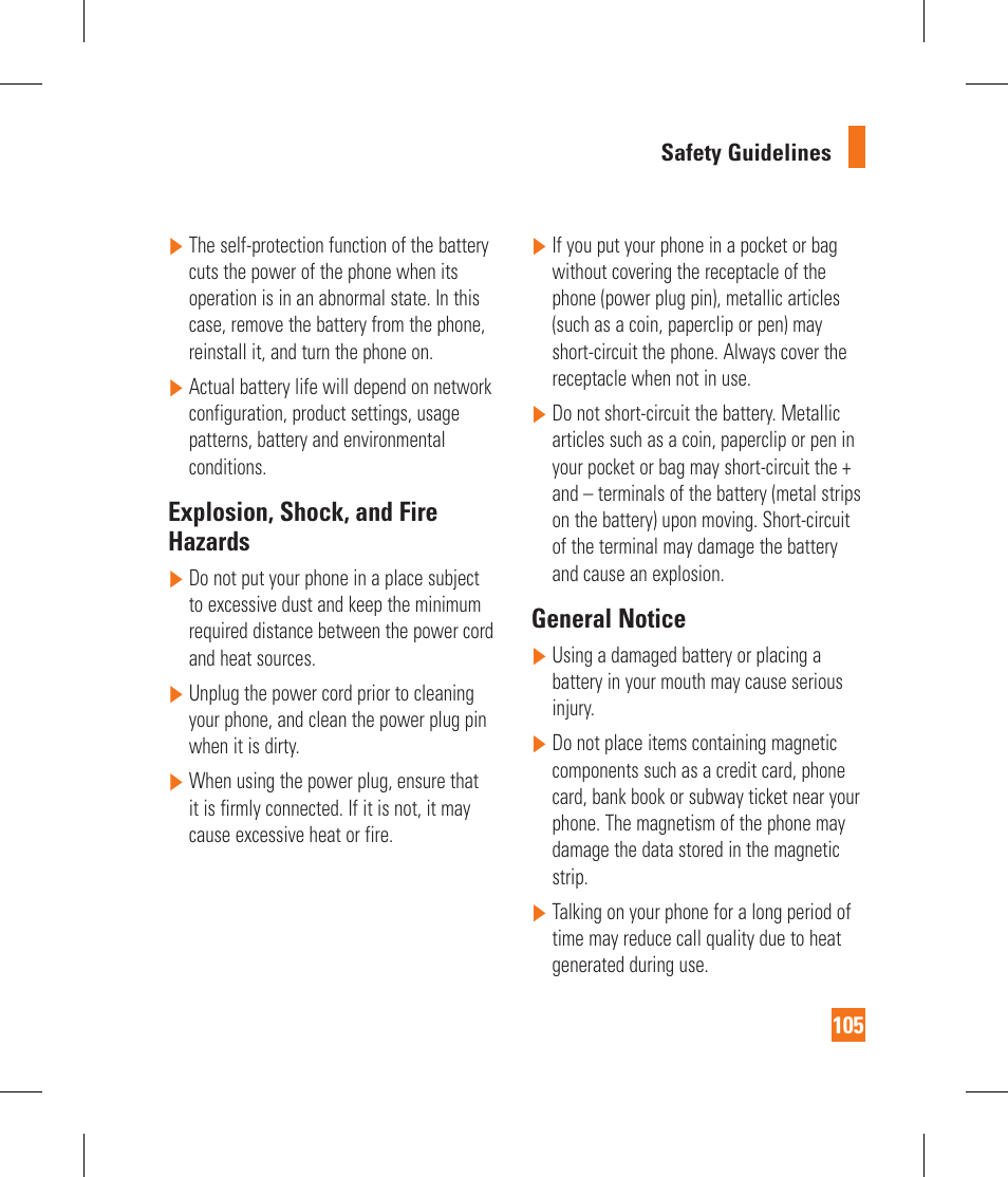 Explosion, shock, and fire hazards, General notice | LG GS390GO User Manual | Page 110 / 129