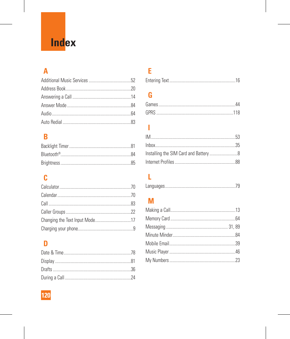 Index | LG GS390GO User Manual | Page 125 / 129