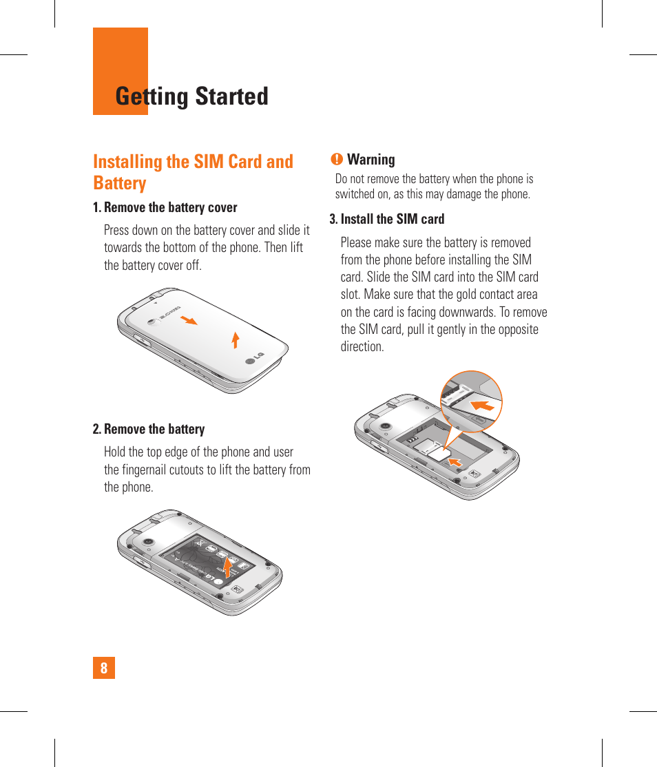 Getting started, Installing the sim card and battery | LG GS390GO User Manual | Page 13 / 129