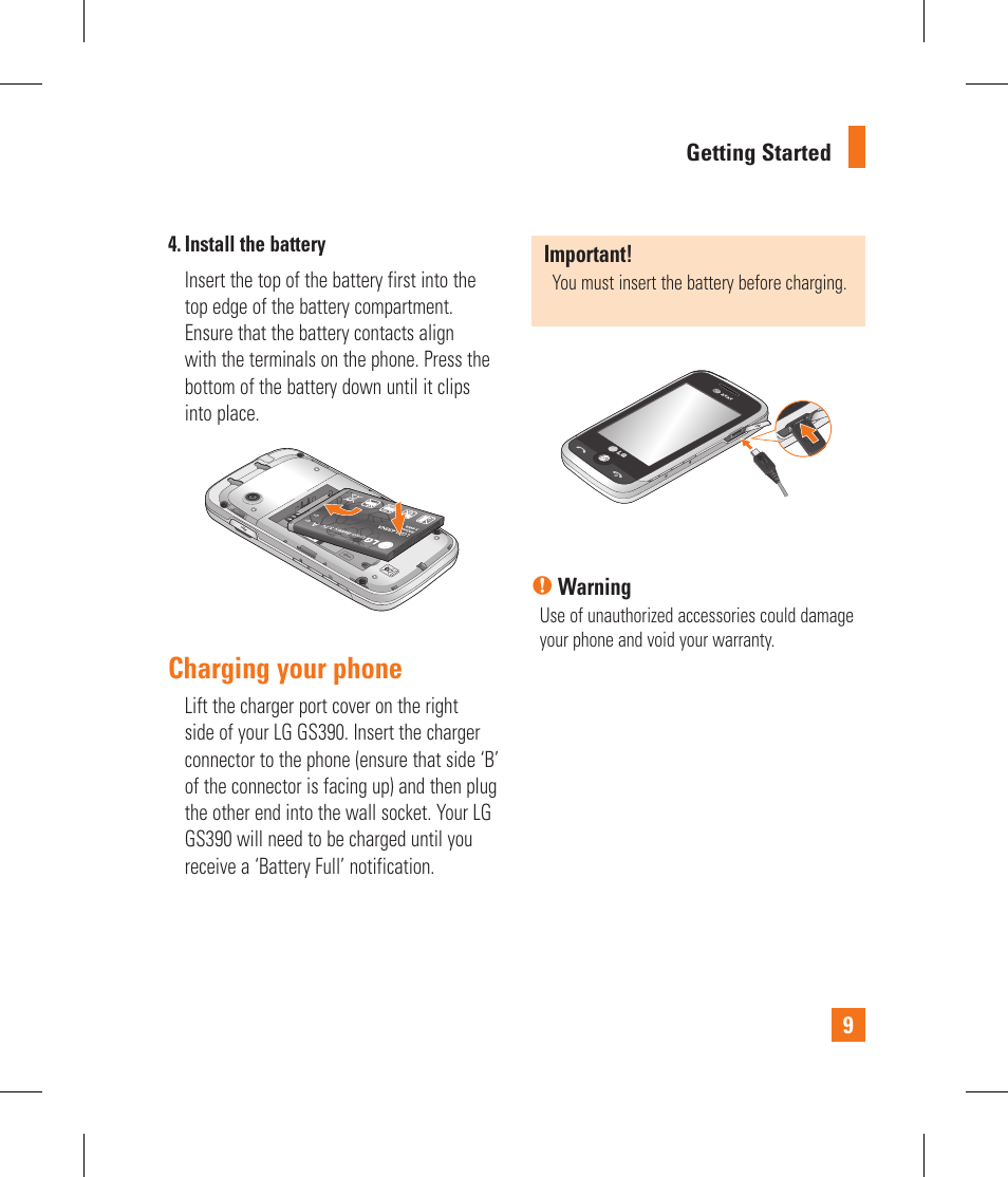 Charging your phone | LG GS390GO User Manual | Page 14 / 129