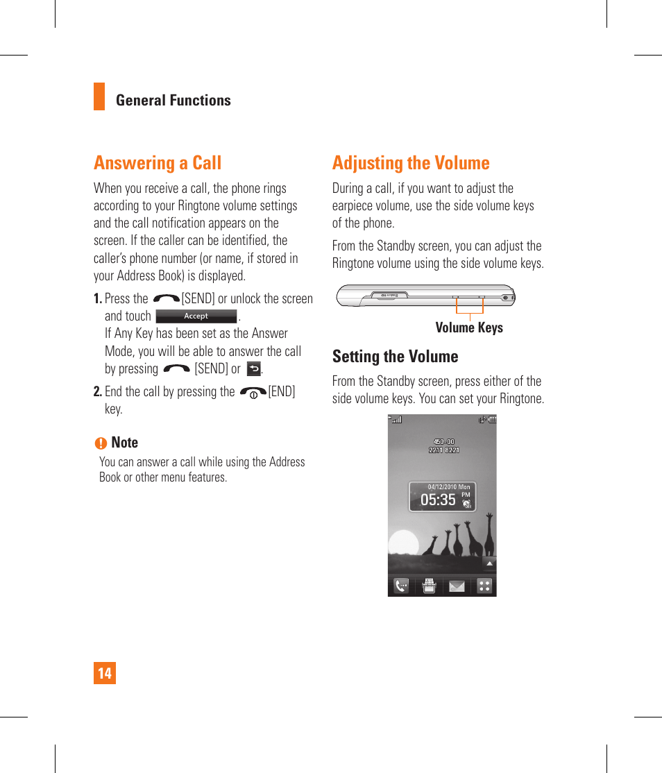 Answering a call, Adjusting the volume | LG GS390GO User Manual | Page 19 / 129